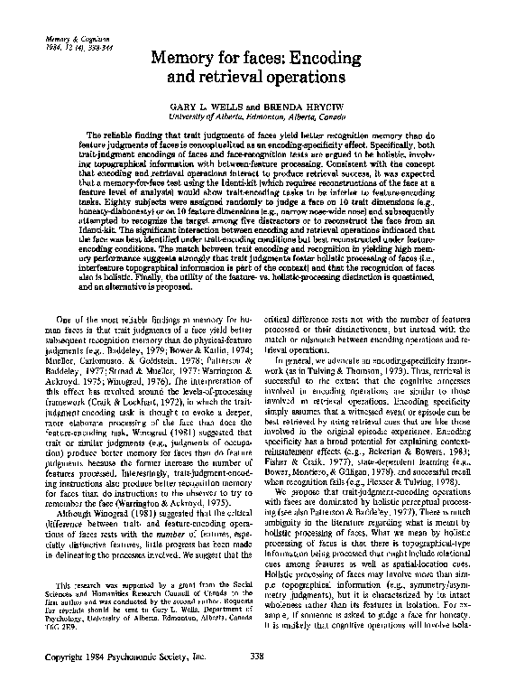 (PDF) Memory for faces: Encoding and retrieval operations