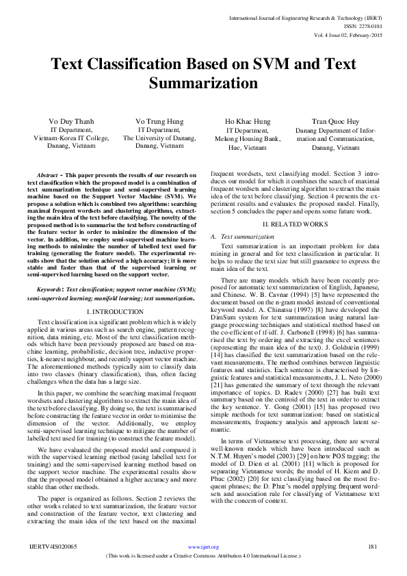 (PDF) Text Classification Based on SVM and Text Summarization