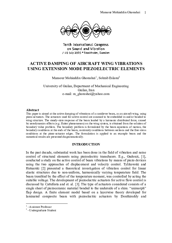 (PDF) Active Damping of Aircraft Wing Vibrations Using Extension Mode ...