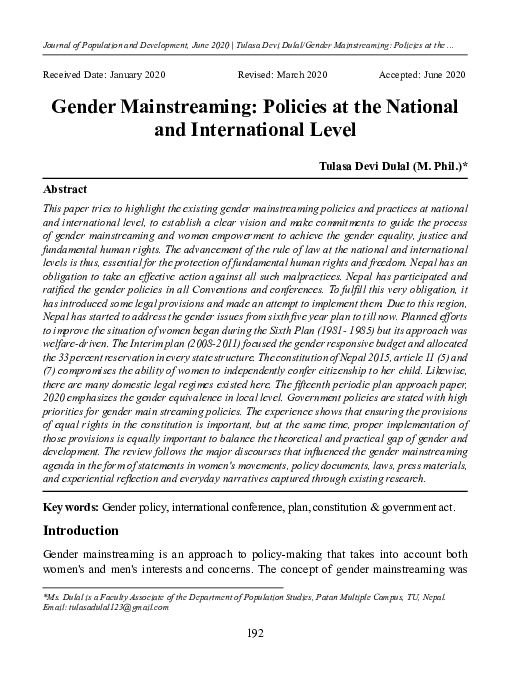 (PDF) Gender Mainstreaming: Policies at the National and International ...