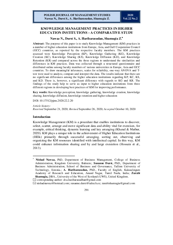 (PDF) KNOWLEDGE MANAGEMENT PRACTICES IN HIGHER EDUCATION INSTITUTIONS ...