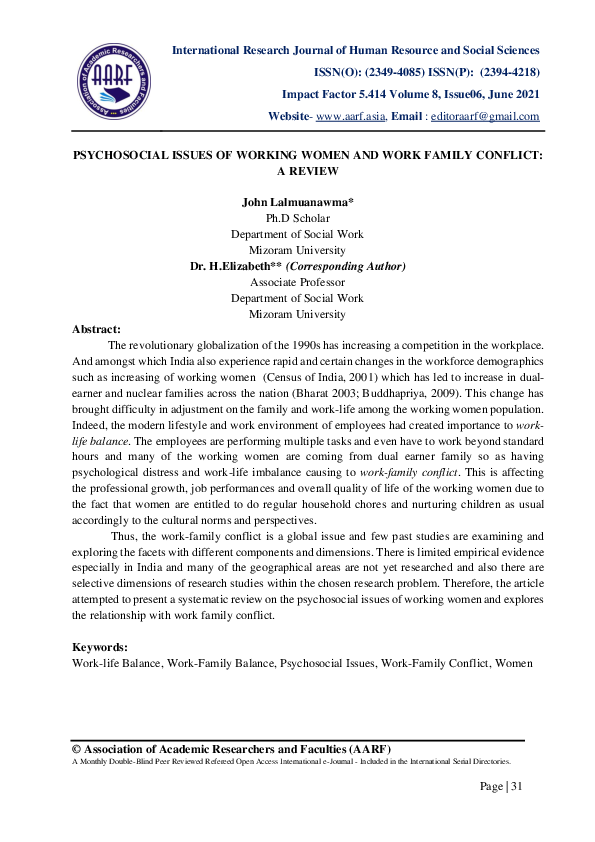 (PDF) PSYCHOSOCIAL ISSUES OF WORKING WOMEN AND WORK FAMILY CONFLICT: A ...