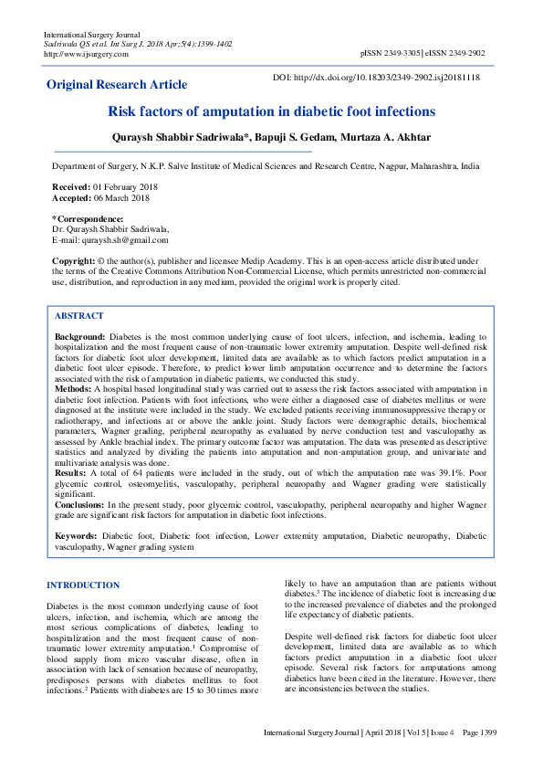 (PDF) Risk factors of amputation in diabetic foot infections
