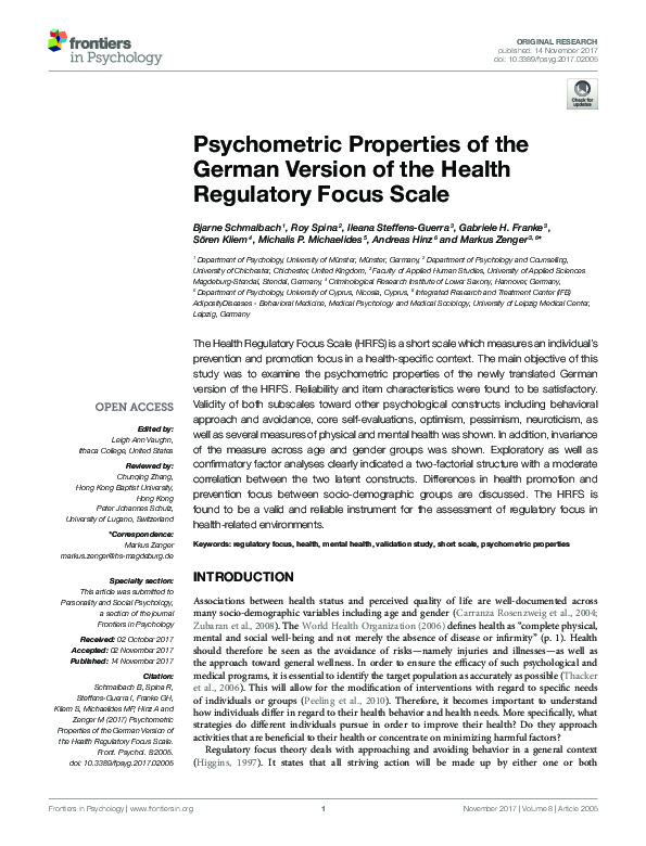 (PDF) Psychometric Properties of the German Version of the Health ...