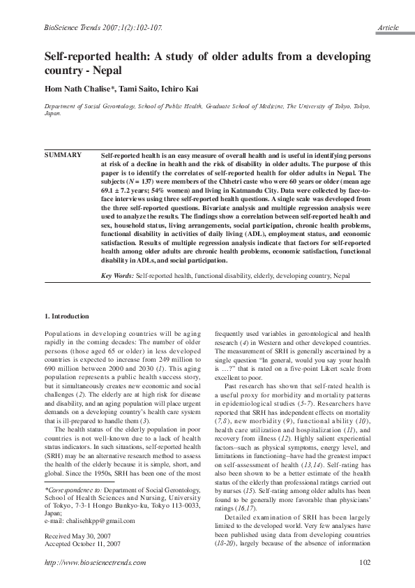 (PDF) Self-reported health: A study of older adults from a developing ...