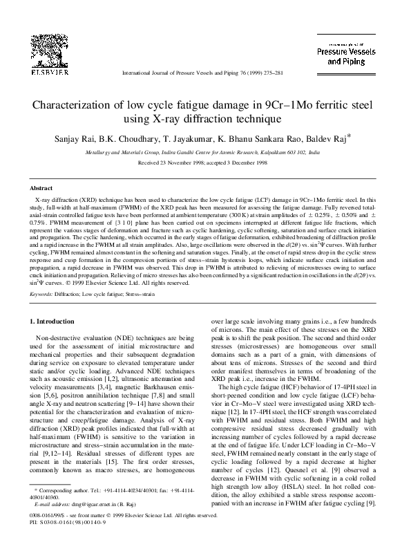 (PDF) Characterization of low cycle fatigue damage in 9Cr–1Mo ferritic ...