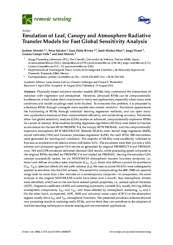 (PDF) Emulation of Leaf, Canopy and Atmosphere Radiative Transfer ...