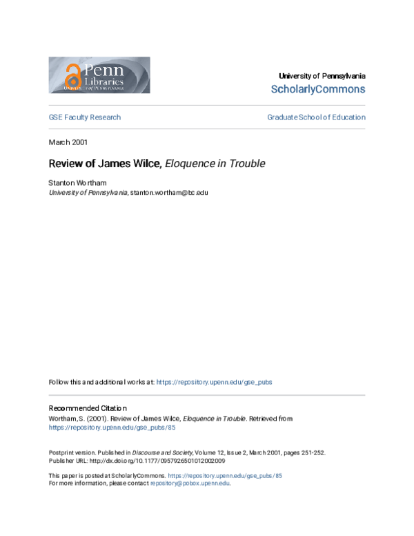 Pdf Review Of James Wilce Eloquence In Trouble Stanton Wortham Academia Edu