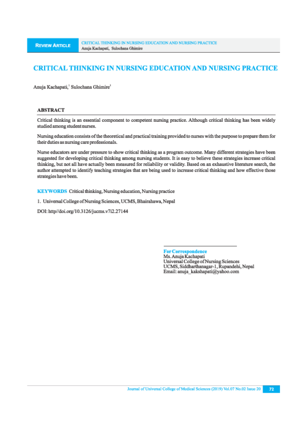 (PDF) Critical Thinking in Nursing Education and Nursing practice