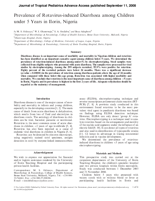 (PDF) Prevalence of Rotavirus-induced Diarrhoea among Children under 5 ...
