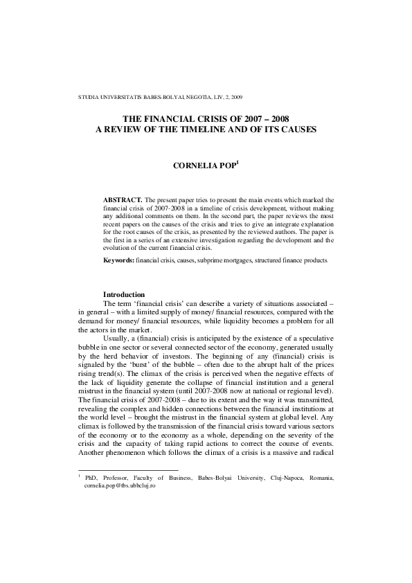 (PDF) The Financial Crisis of 2007 2008 a Review of the Timeline and of ...