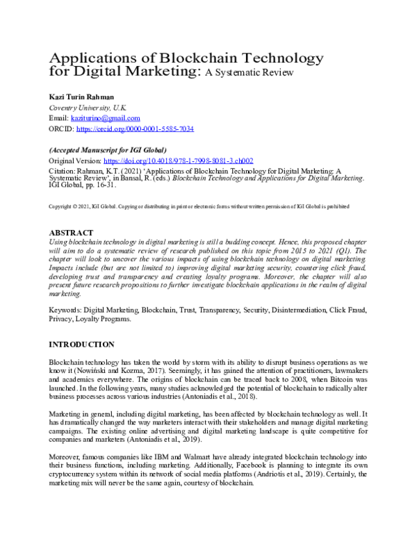 (DOC) Applications of Blockchain Technology for Digital Marketing: A ...