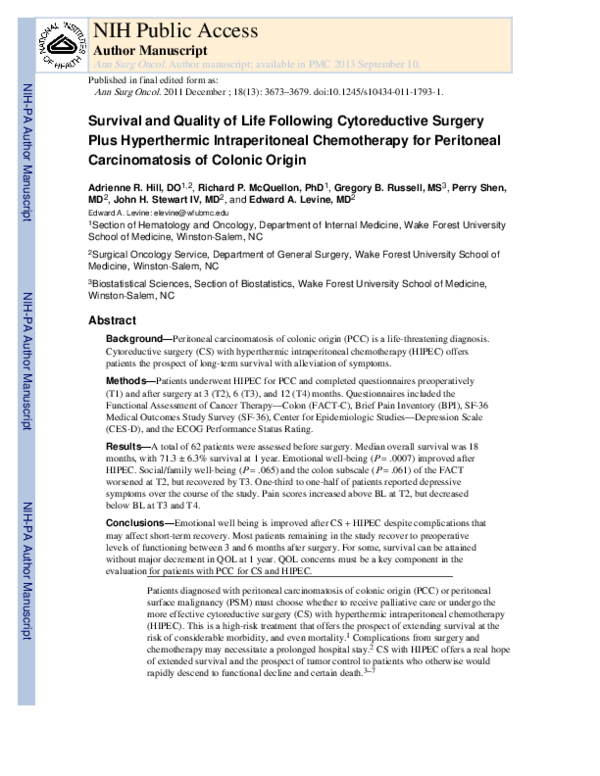 (PDF) Survival and Quality of Life Following Cytoreductive Surgery Plus ...