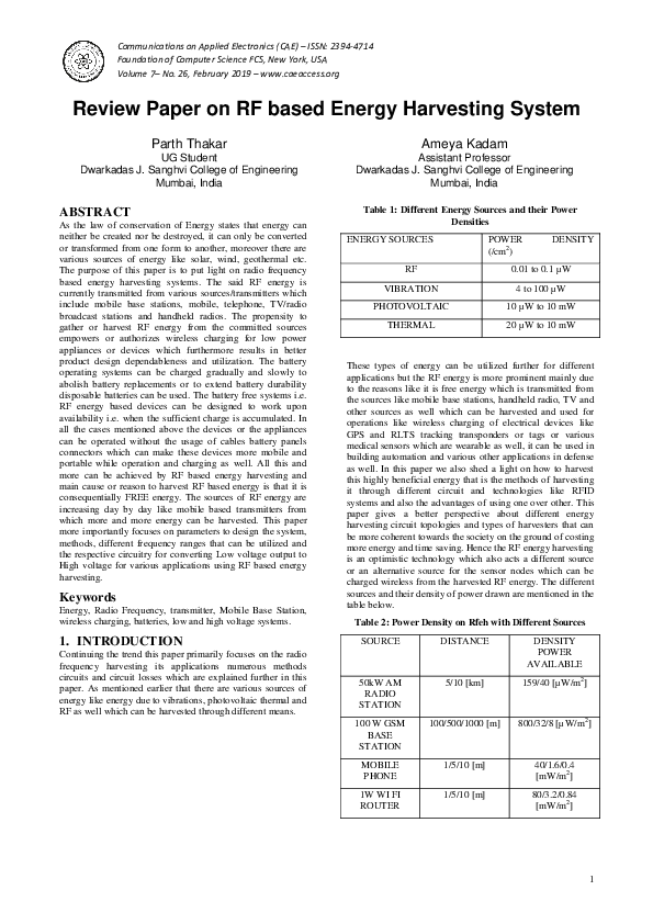 (PDF) Review Paper on RF based Energy Harvesting System