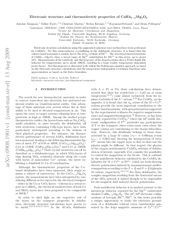 (PDF) Electronic structure and thermoelectric properties of CuRh1-xMgxO2