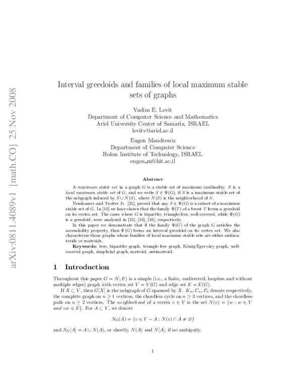 (PDF) Interval greedoids and families of local maximum stable sets of ...