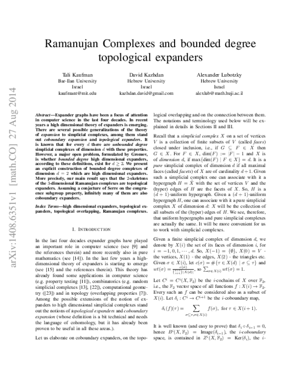(PDF) Ramanujan Complexes and Bounded Degree Topological Expanders