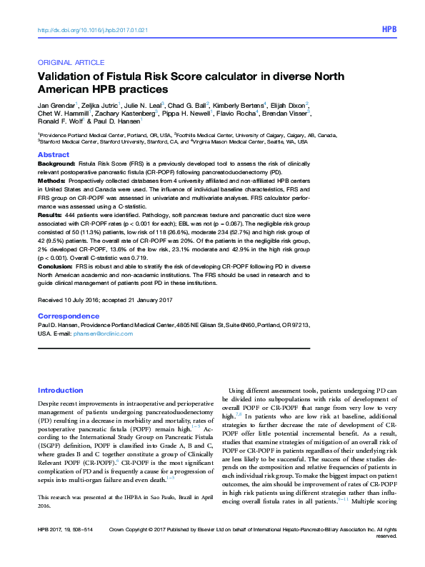 (PDF) Validation of Fistula Risk Score calculator in diverse North ...