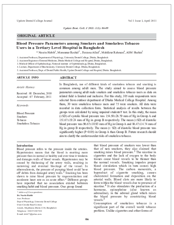 (PDF) Blood Pressure Parameters among Smokers and Smokeless Tobacco