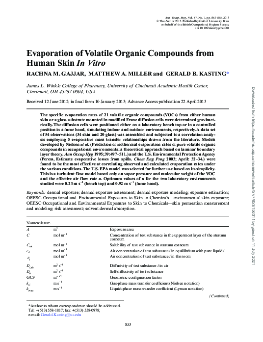 (PDF) Evaporation of Volatile Organic Compounds from Human Skin In Vitro