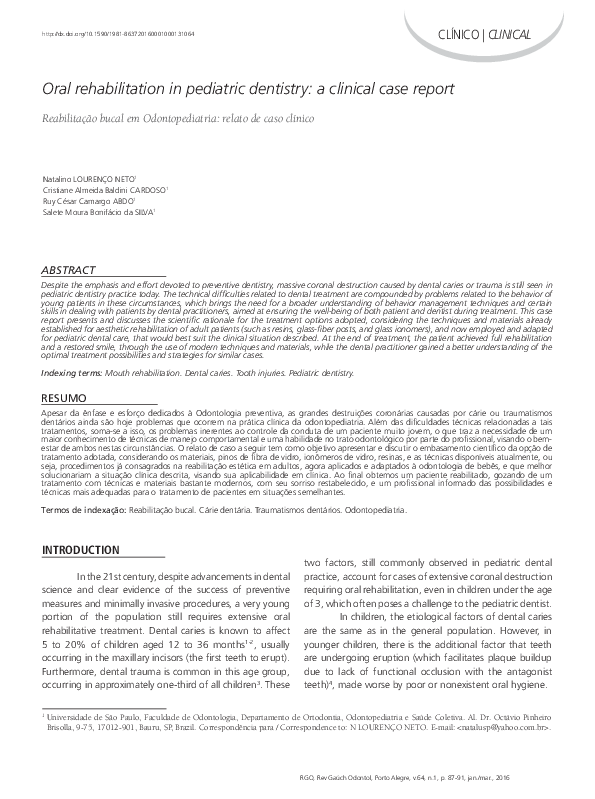 (PDF) Oral rehabilitation in pediatric dentistry: a clinical case report