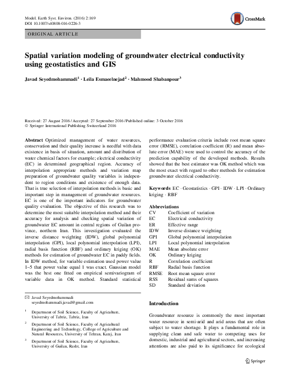 (PDF) Spatial variation modelling of groundwater electrical ...