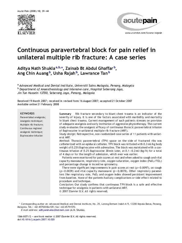 (PDF) Continuous paravertebral block for pain relief in unilateral ...
