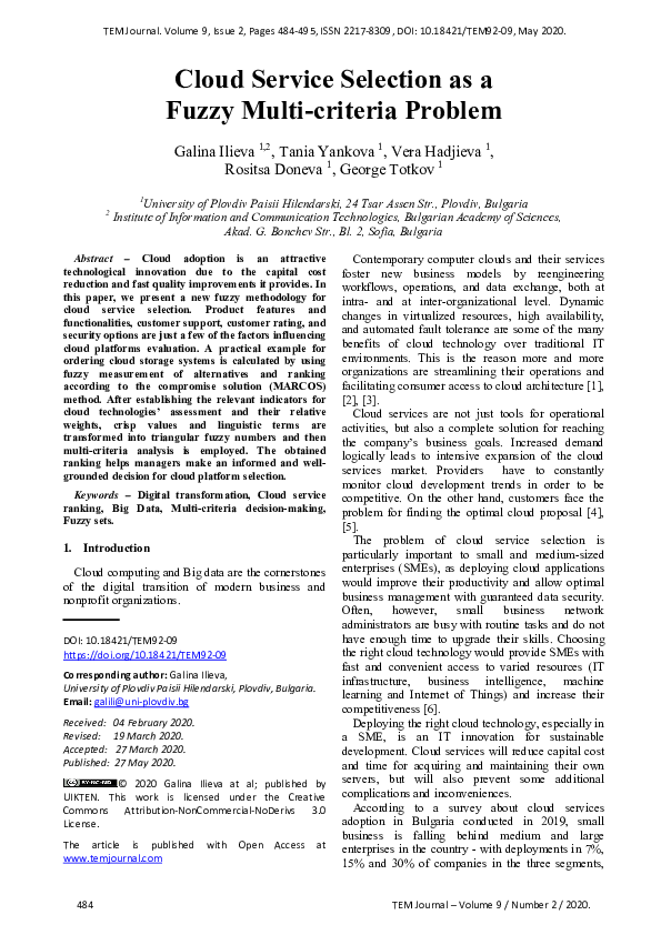 (PDF) Cloud Service Selection as a Fuzzy Multi-criteria Problem