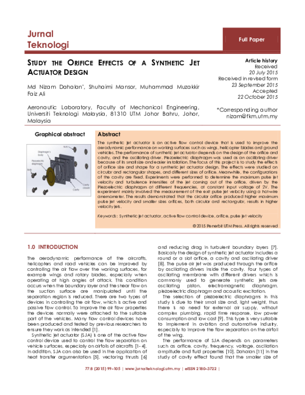 (PDF) Study the Orifice Effects of a Synthetic Jet Actuator Design