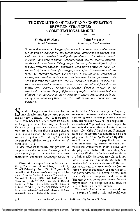 (PDF) The Evolution of Trust and Cooperation between Strangers: A ...