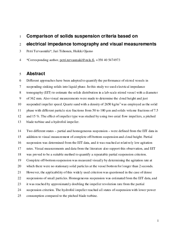 (PDF) Comparison of solids suspension criteria based on electrical