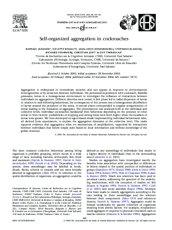 (PDF) Self-orgaznized aggregation in cockroaches