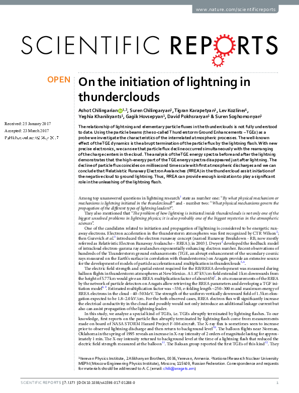 (PDF) On the initiation of lightning in thunderclouds