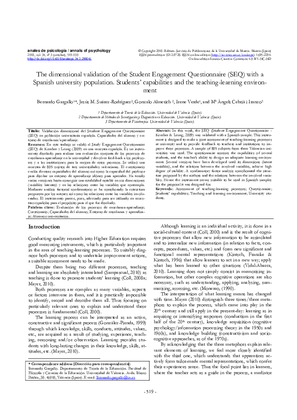 (PDF) Validación del cuestionario SEQ en población universitaria
