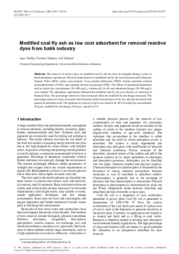(PDF) Modified coal fly ash as low cost adsorbent for removal reactive ...