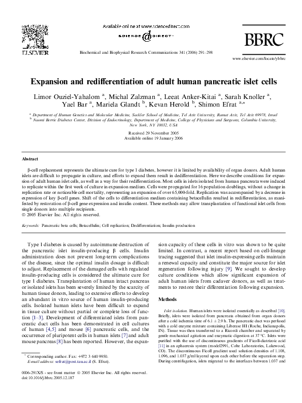 (PDF) Expansion and redifferentiation of adult human pancreatic islet cells