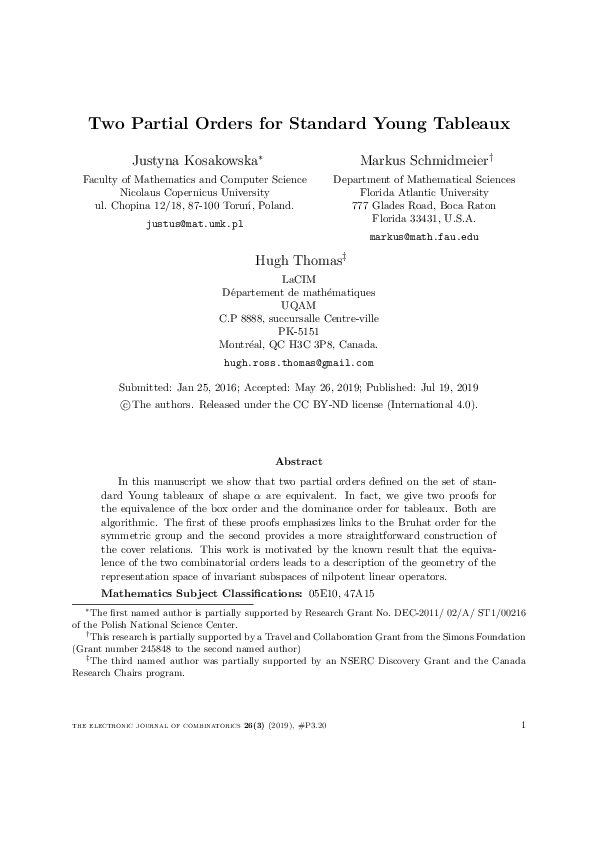 (PDF) Two Partial Orders for Standard Young Tableaux Hugh Thomas