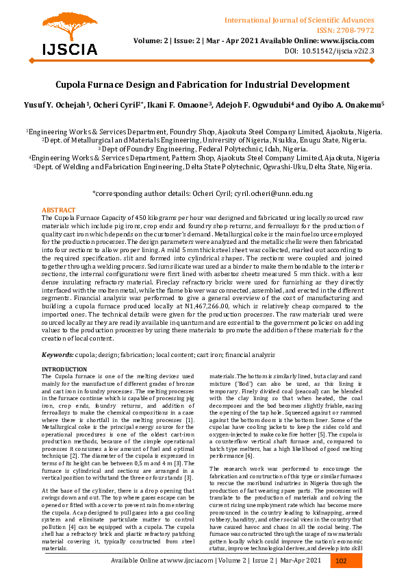 (PDF) Cupola Furnace Design and Fabrication for Industrial Development