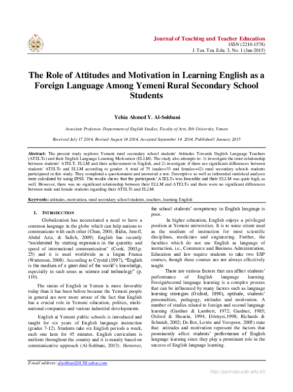 (PDF) The Role of Attitudes and Motivation in Learning English as a ...
