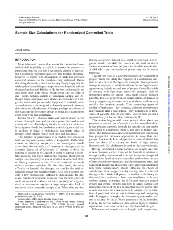 (PDF) Sample Size Calculations for Randomized Controlled Trials