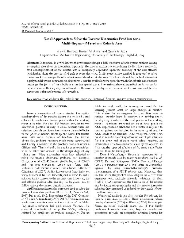 (PDF) Novel Approach to Solve the Inverse Kinematics Problem for a ...
