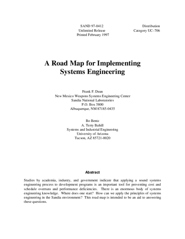 (PDF) A road map for implementing systems engineering