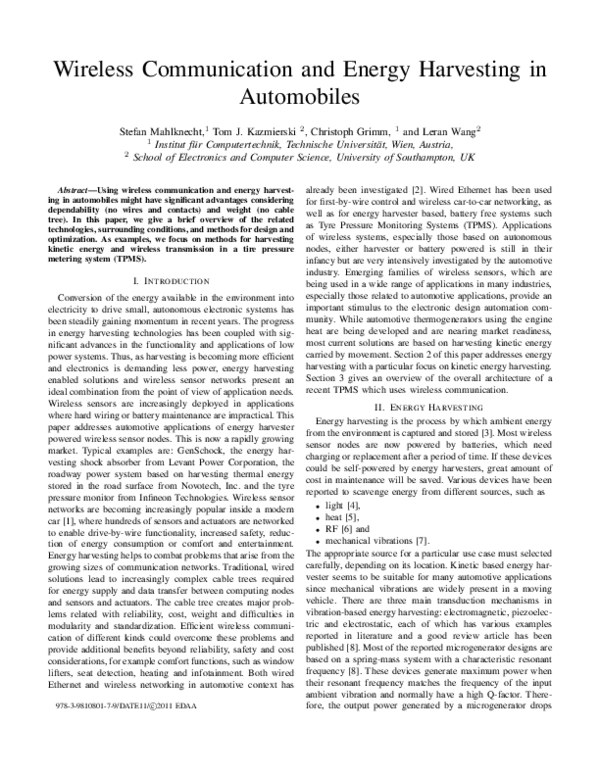 (PDF) Wireless communication and energy harvesting in automobiles