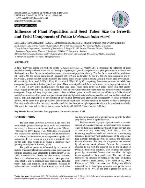 (PDF) Influence of plant population and seed tuber size on growth and ...