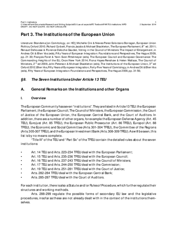(PDF) Chapter 3: The Institutions of the European Union (Draft)