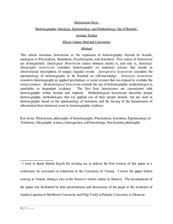 First page of “Historicism Now: Historiographic Ontology, Epistemology and Methodology Out of Bounds”
