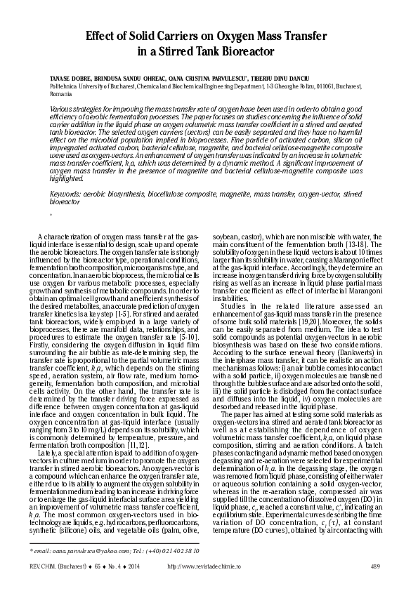 (PDF) Effect of Solid Carriers on Oxygen Mass Transfer in a Stirred ...