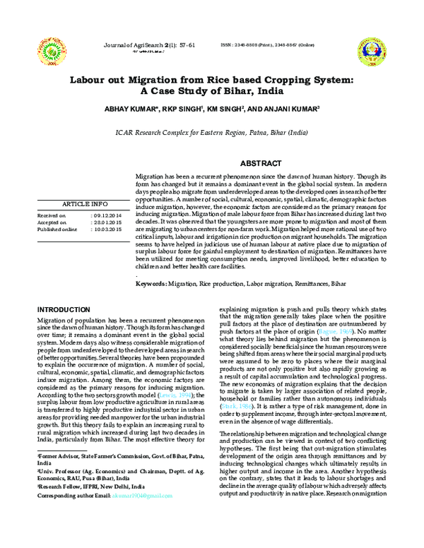(PDF) Labour Out Migration from Rice Based Cropping System: A Case of ...