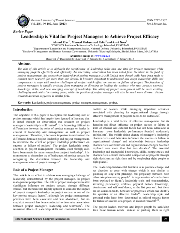 (PDF) Leadership is Vital for Project Managers to Achieve Project Efficacy