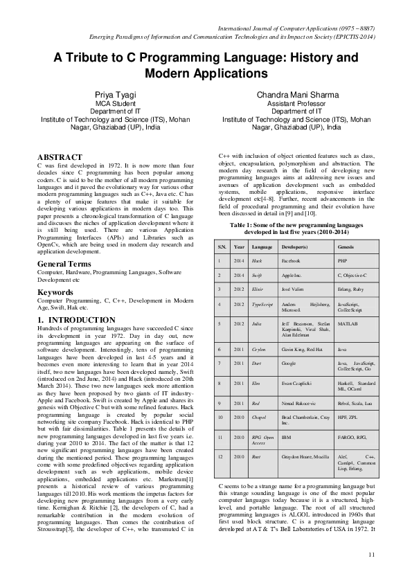 (PDF) A Tribute to C Programming Language: History and Modern Applications